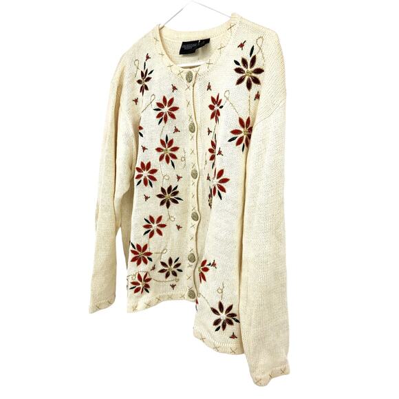 One Resource Floral Cardigan Sweater Cream Button Up Embroidered 2X - Picture 3 of 5
